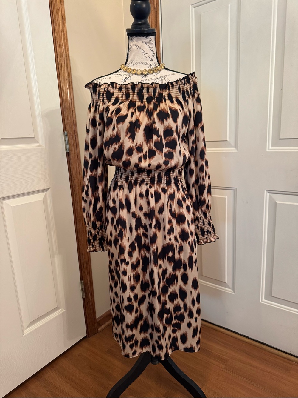 White House Black Market Beige and Black Leopard Midi Dress